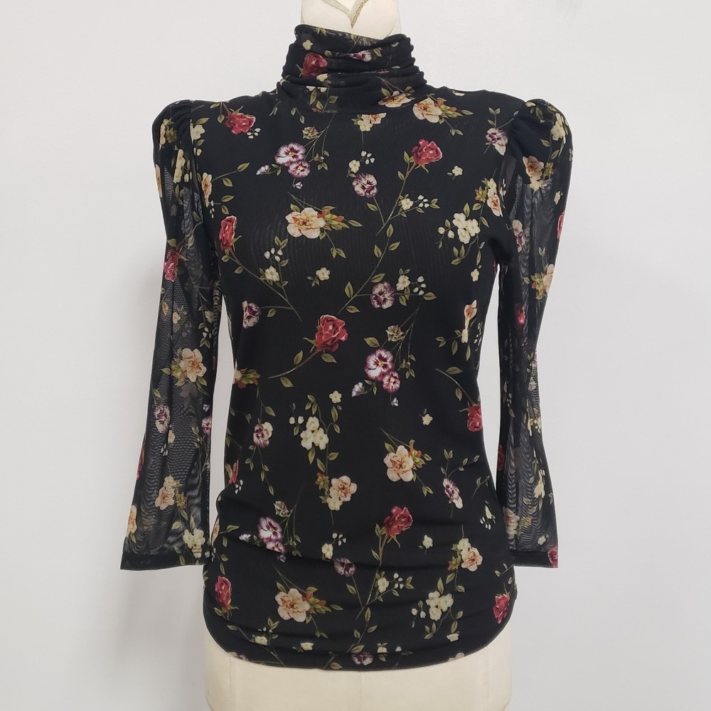 Catherine Malandrino Y2K Dark Floral Whimsigoth Mesh‎ Top Size XS Puff Sleeve